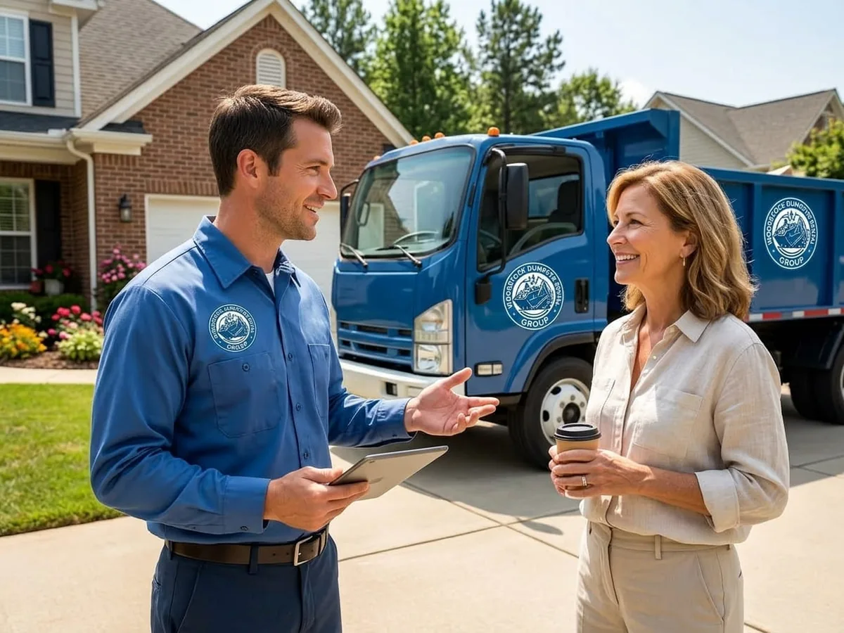 Speaking with a Woodstock Dumpster Rental Group driver beside a roll-off container
